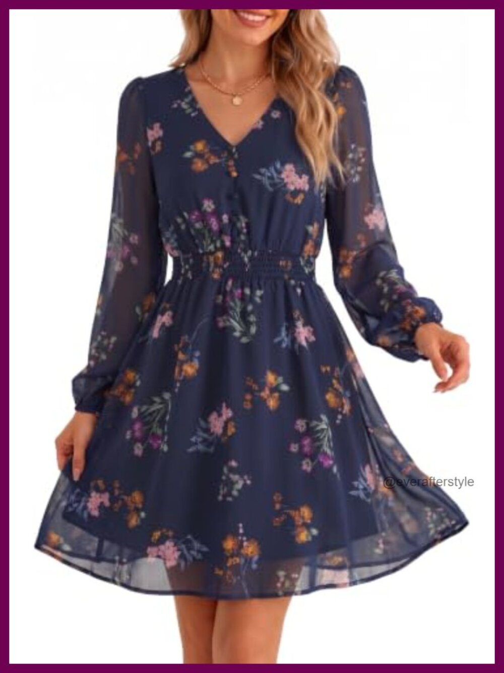 Floral Chiffon Mini Dress Long Sleeve V Neck Button Front